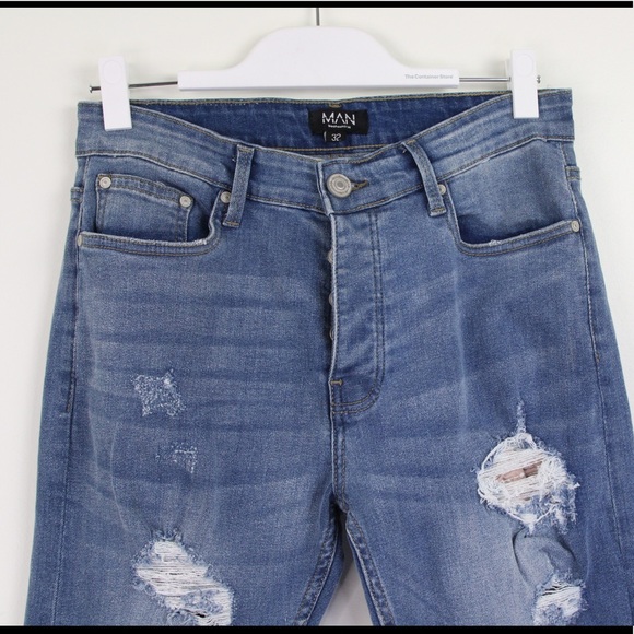 Boohoo Man SUPER SKINNY BANDANA RIP & REPAIR JEANS Sz 32 Distressed Medium Wash - Picture 3 of 9